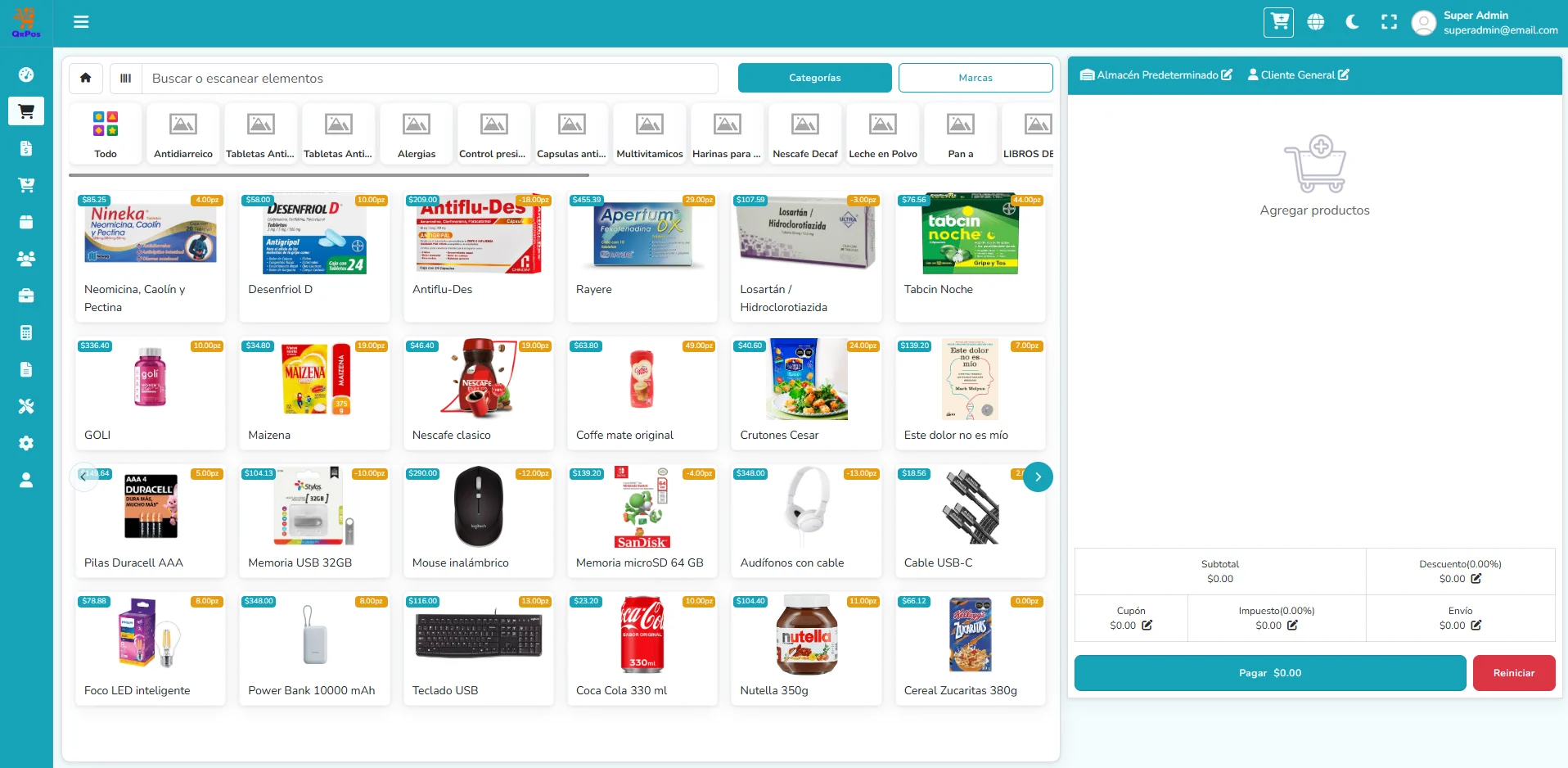 Pantalla de cobro de QRPos con catálogo de productos, búsqueda por código y carrito de venta